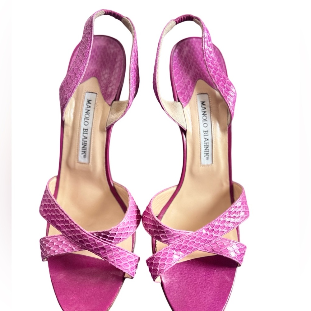 Manolo Blahnik Pink leather snake skin print sling back sandal heels